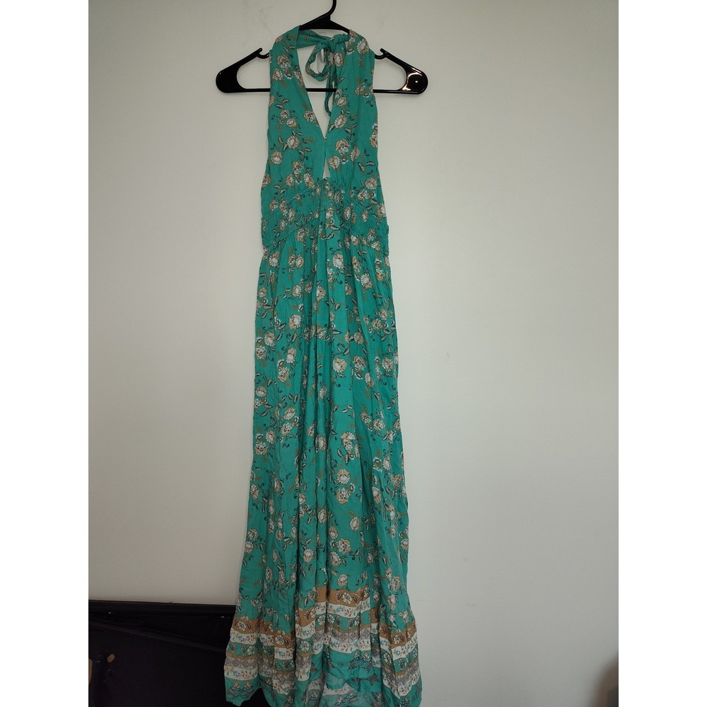 ZESICA Womens Teal Floral Halter Maxi Dress Boho Smocked‎ Backless Rayon Size M